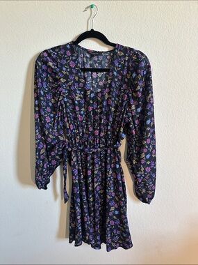 Banana Republic Black Floral Long-Sleeve Tie-Waist Dress
